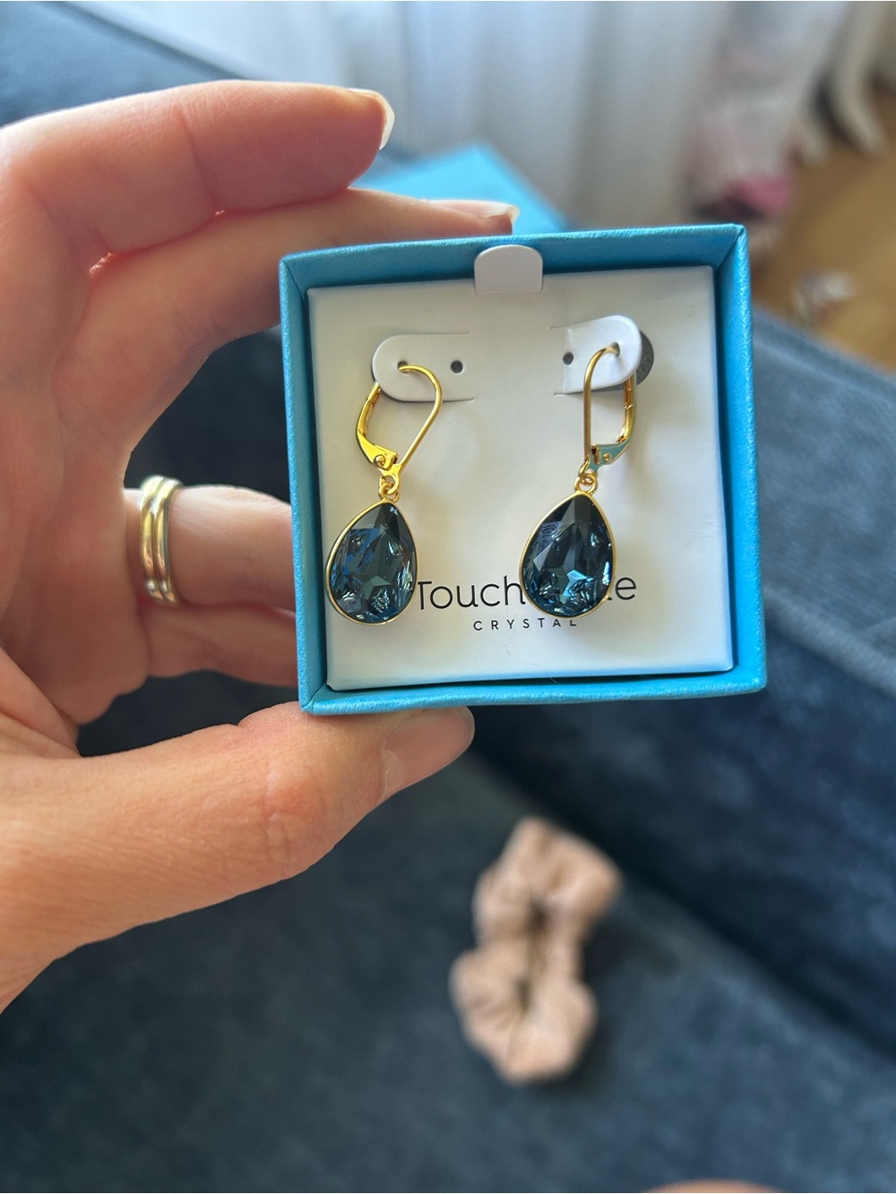 Touchstone Crystal Gold Montana Crystal  Dark Blue Teardrop Earrings